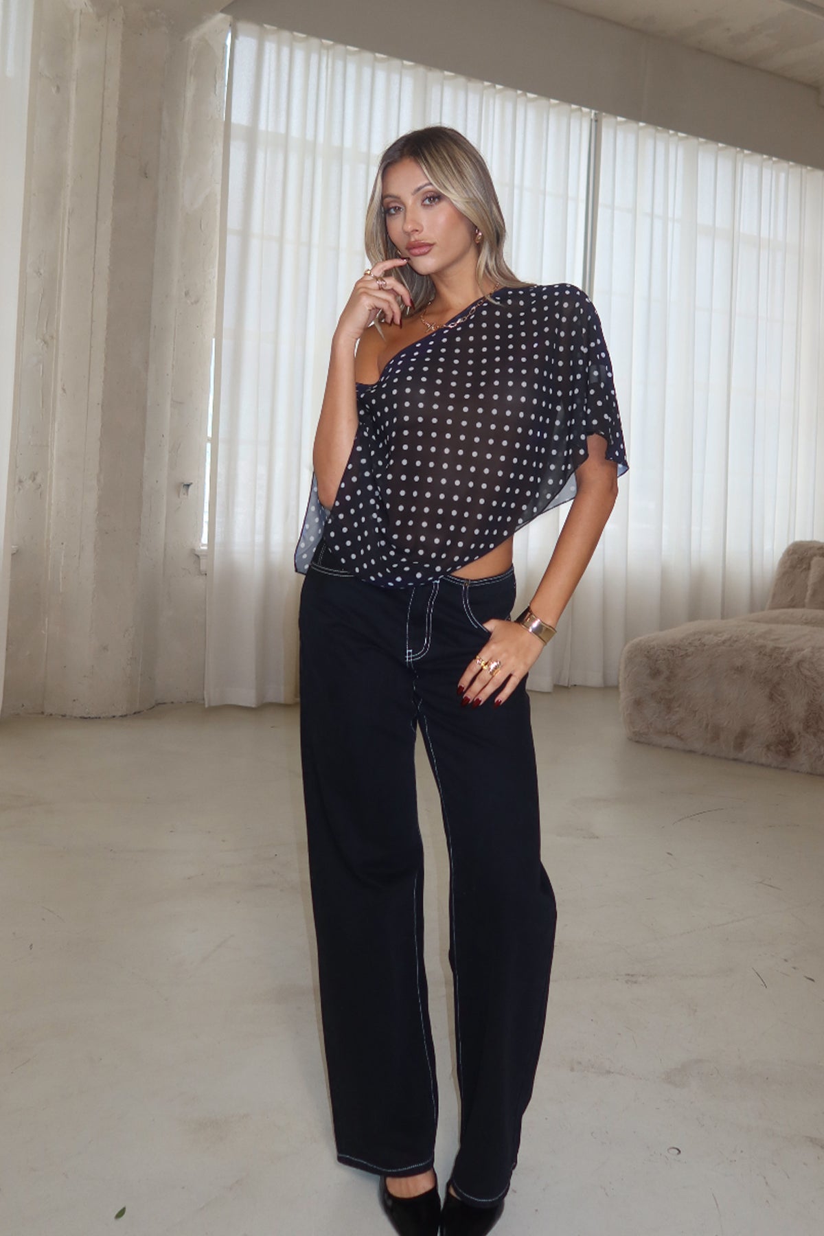 Sheer Chiffon Asymmetric Polka Dot Poncho