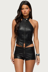 Diana Zip Up Faux Leather Halter Top