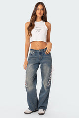 Ribbon Lace Up Low Rise Baggy Jeans