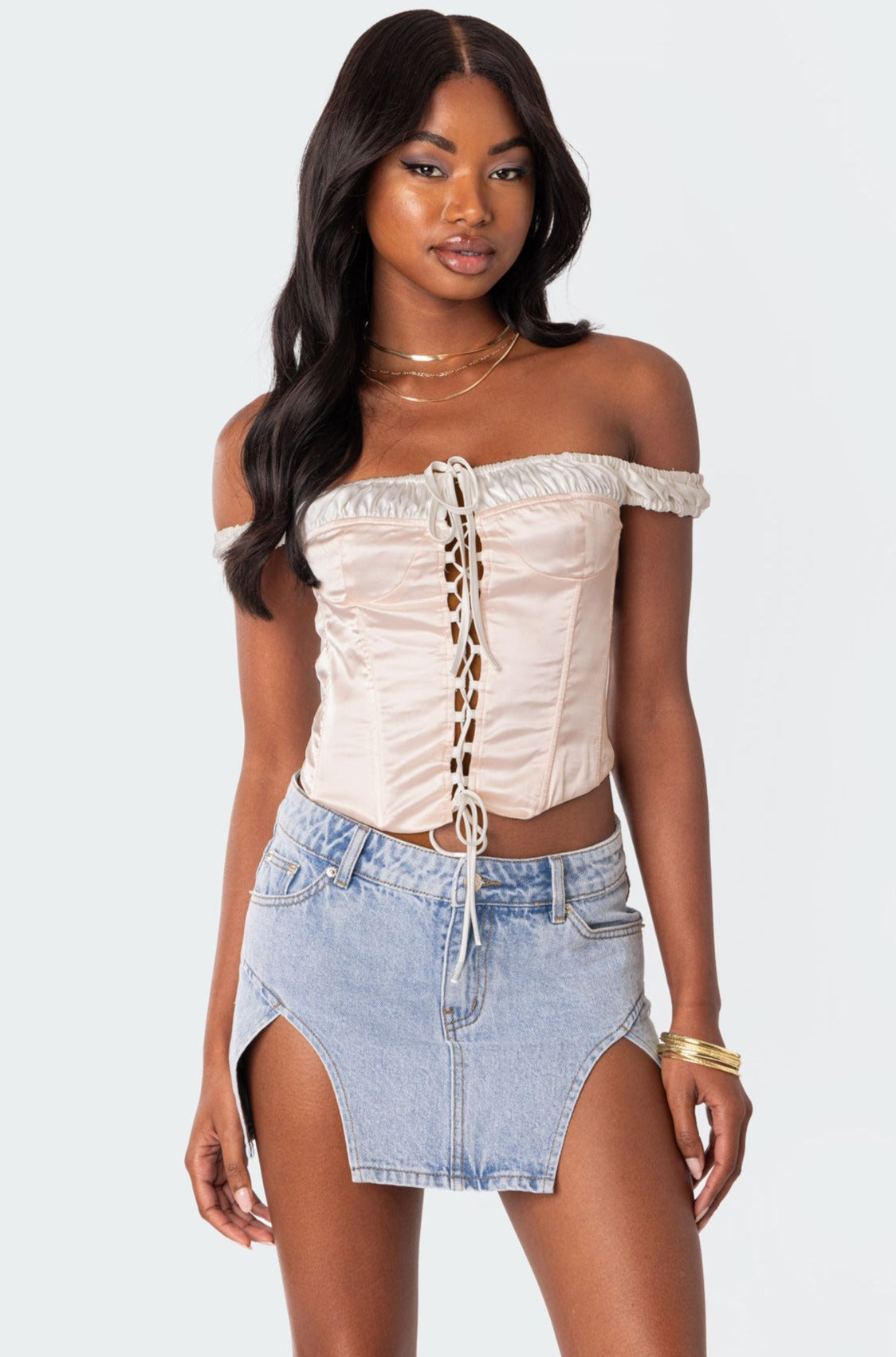 Damsel Off Shoulder Lace Up Satin Corset – edikted