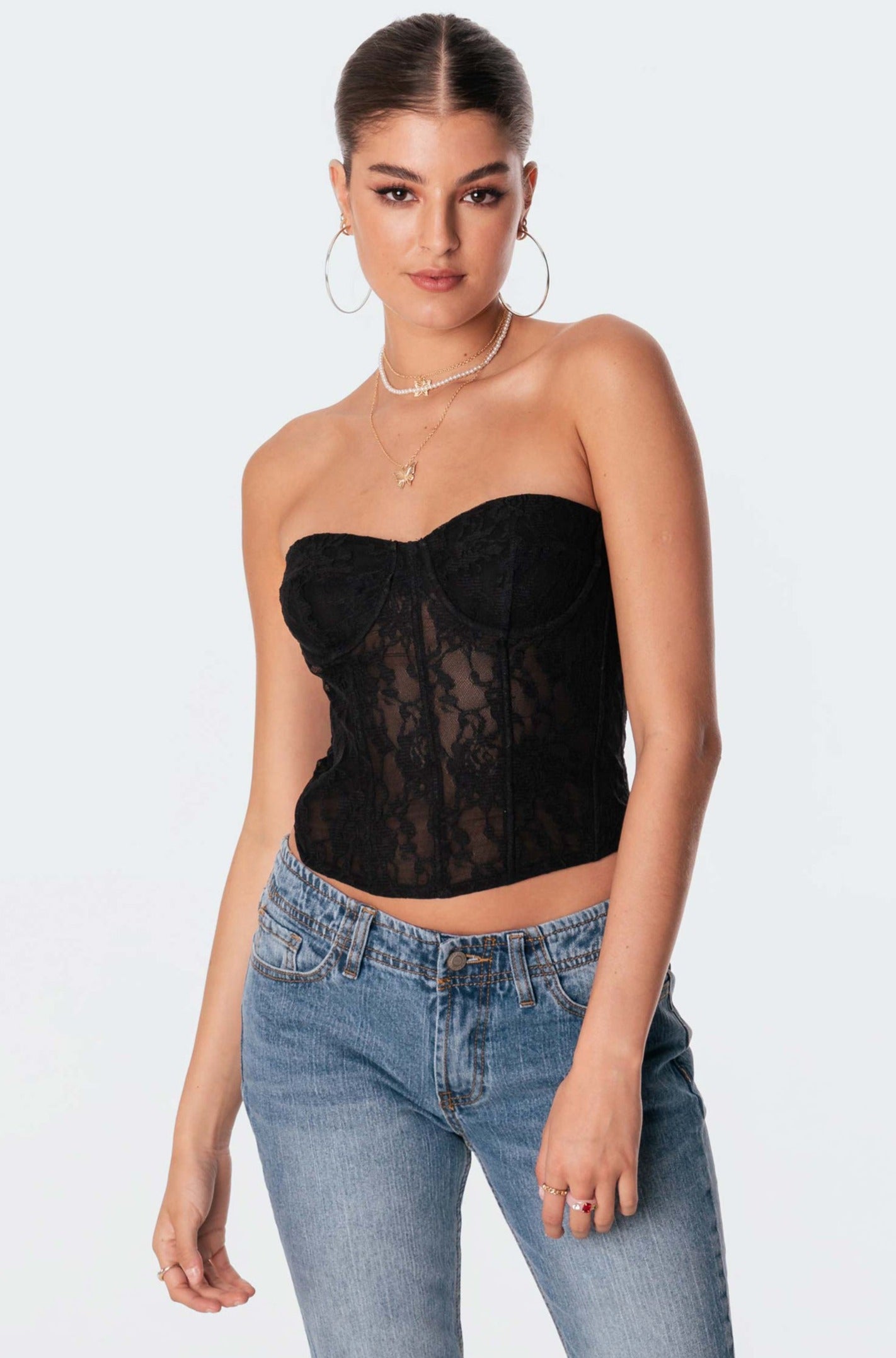 Decadent Designs - Katya wearing the Black Lace Neck corset https