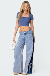 Contrast Split Washed Low Rise Bootcut Jeans