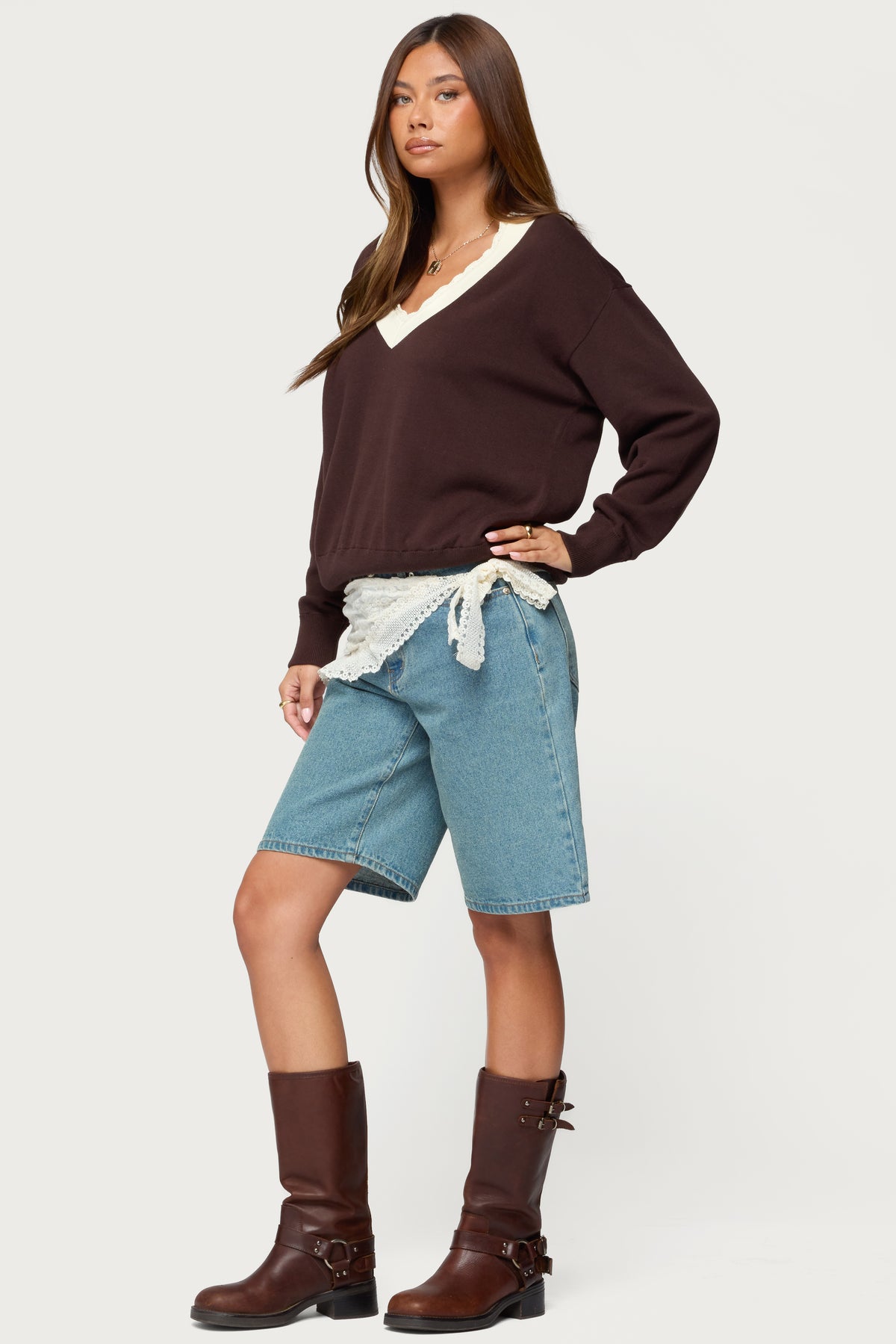 Marie Contrast Lacey V Neck Sweater