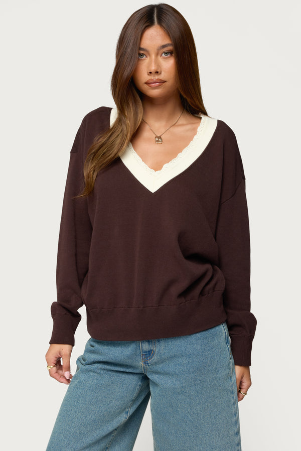 Marie Contrast Lacey V Neck Sweater