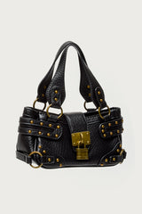 Faux Leather Studded Lock Bag