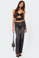 Buckle Belt Washed Low Rise Flared Jeans