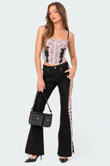 Laced Up Ribbon Mid Rise Flared Jeans