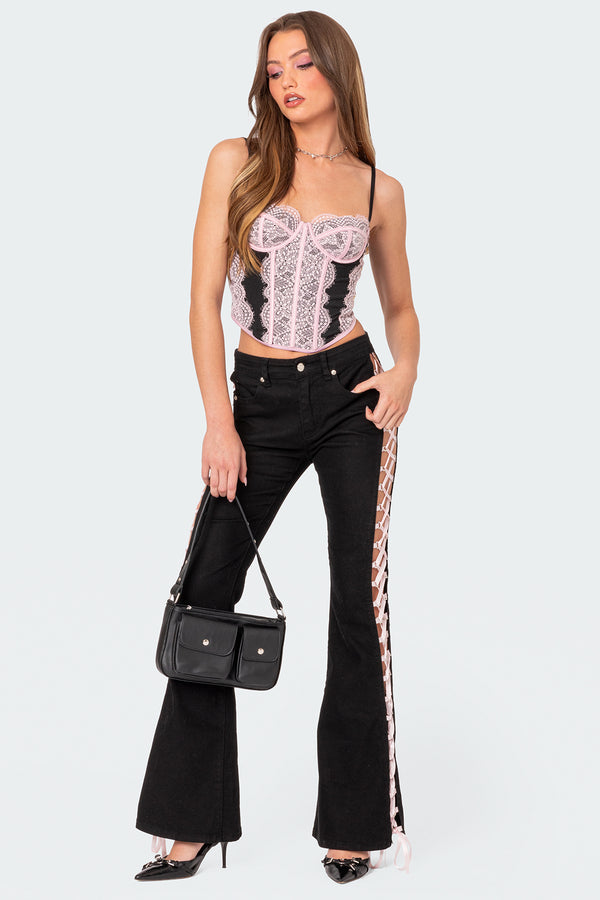 Laced Up Ribbon Mid Rise Flared Jeans