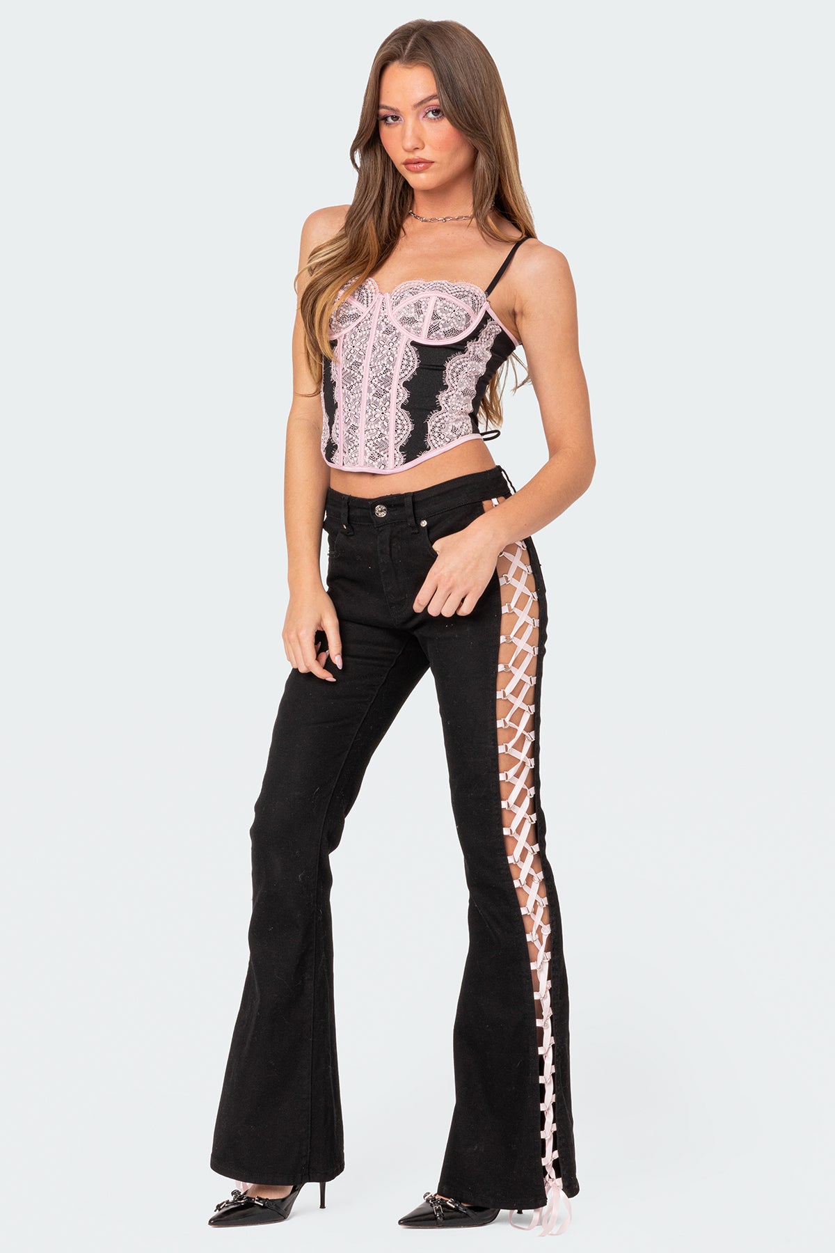 Laced Up Ribbon Mid Rise Flared Jeans