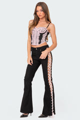 Laced Up Ribbon Mid Rise Flared Jeans