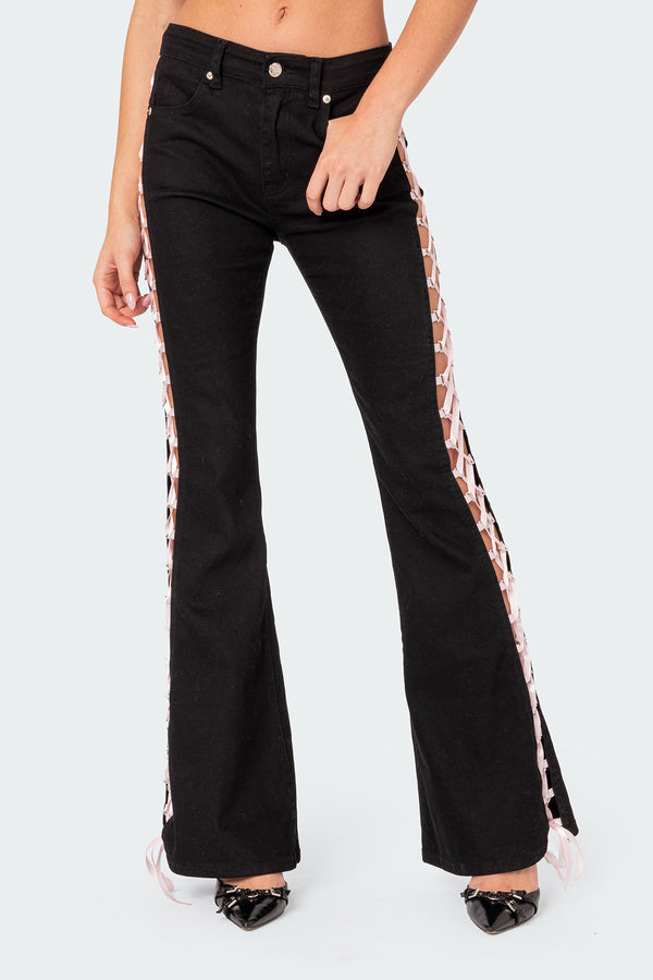 Laced Up Ribbon Mid Rise Flared Jeans