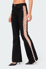 Laced Up Ribbon Mid Rise Flared Jeans