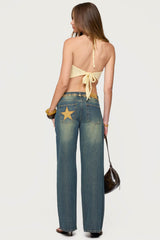 Faux Suede Star Low Rise Baggy Jeans