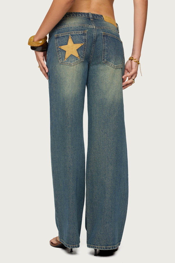 Faux Suede Star Low Rise Baggy Jeans