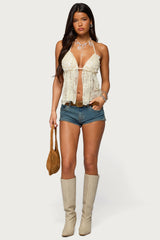 Sequin Lace Split Front Backless Top