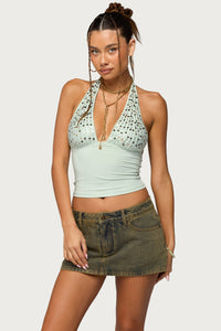 Sequin Plunge Neck Halter Top