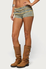 Alyza Distressed Belt Washed Denim Micro Shorts