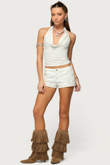 Studded Patchwork Low Rise Denim Shorts