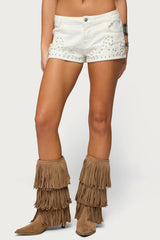 Studded Patchwork Low Rise Denim Shorts