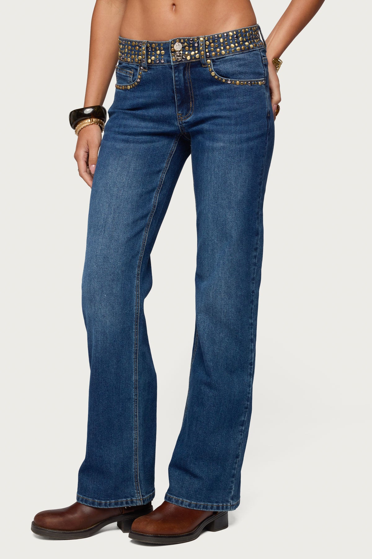 Studded Low Rise Straight Leg Jeans