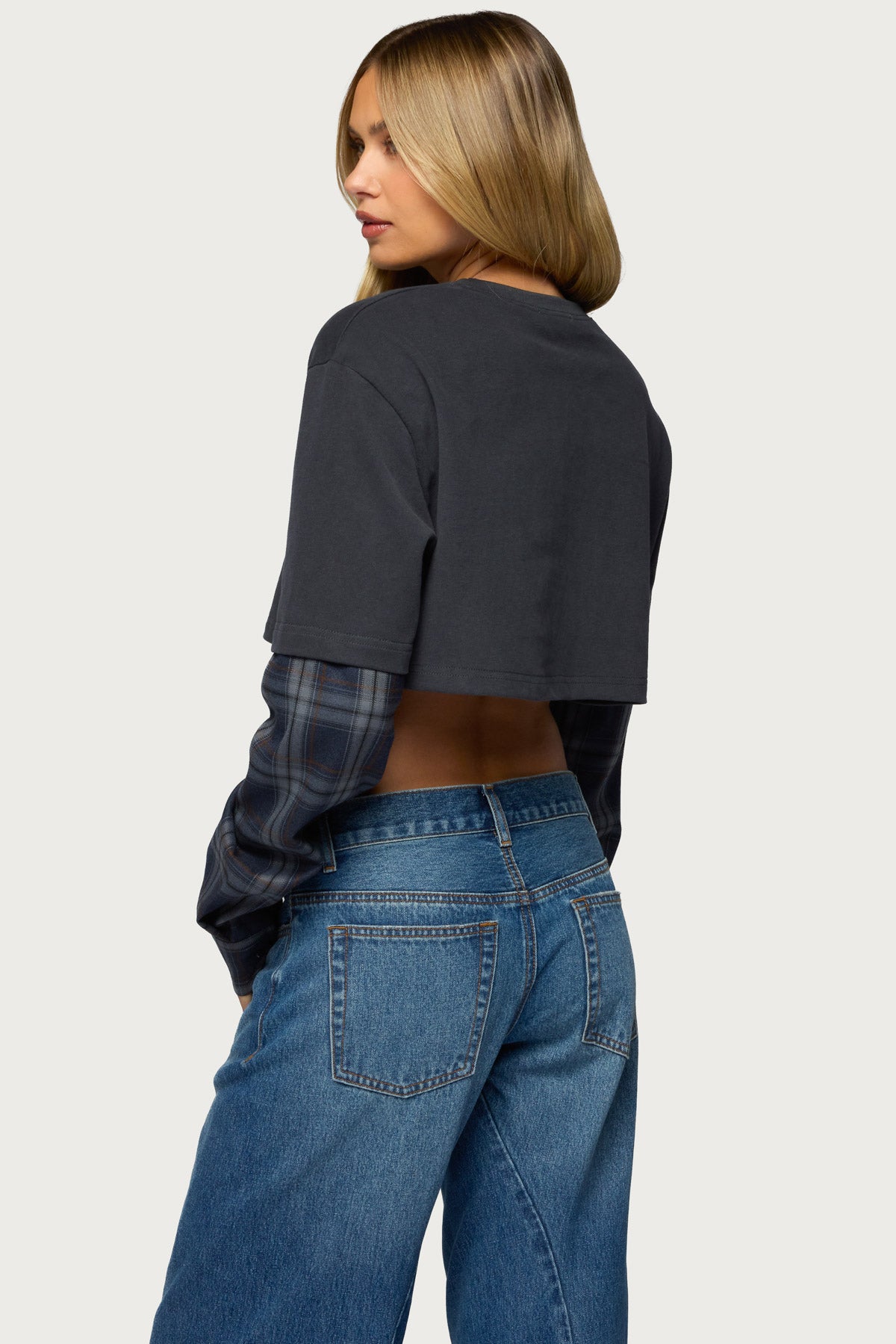 Plaid Sleeves Layered Crop Top