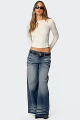 Faux Leather Pocket Low Rise Baggy Jeans