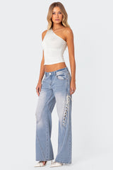 Ribbon Lace Up Low Rise Baggy Jeans