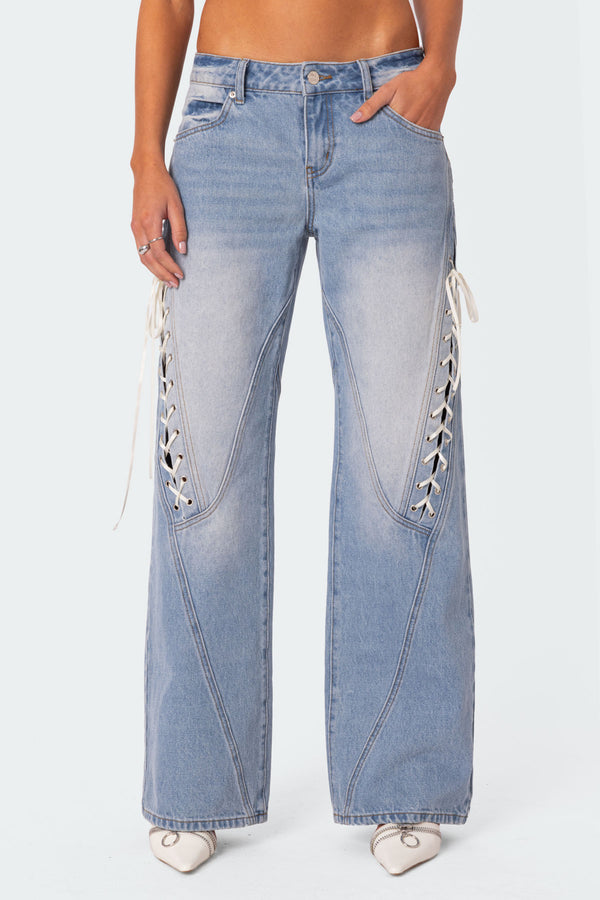 Ribbon Lace Up Low Rise Baggy Jeans