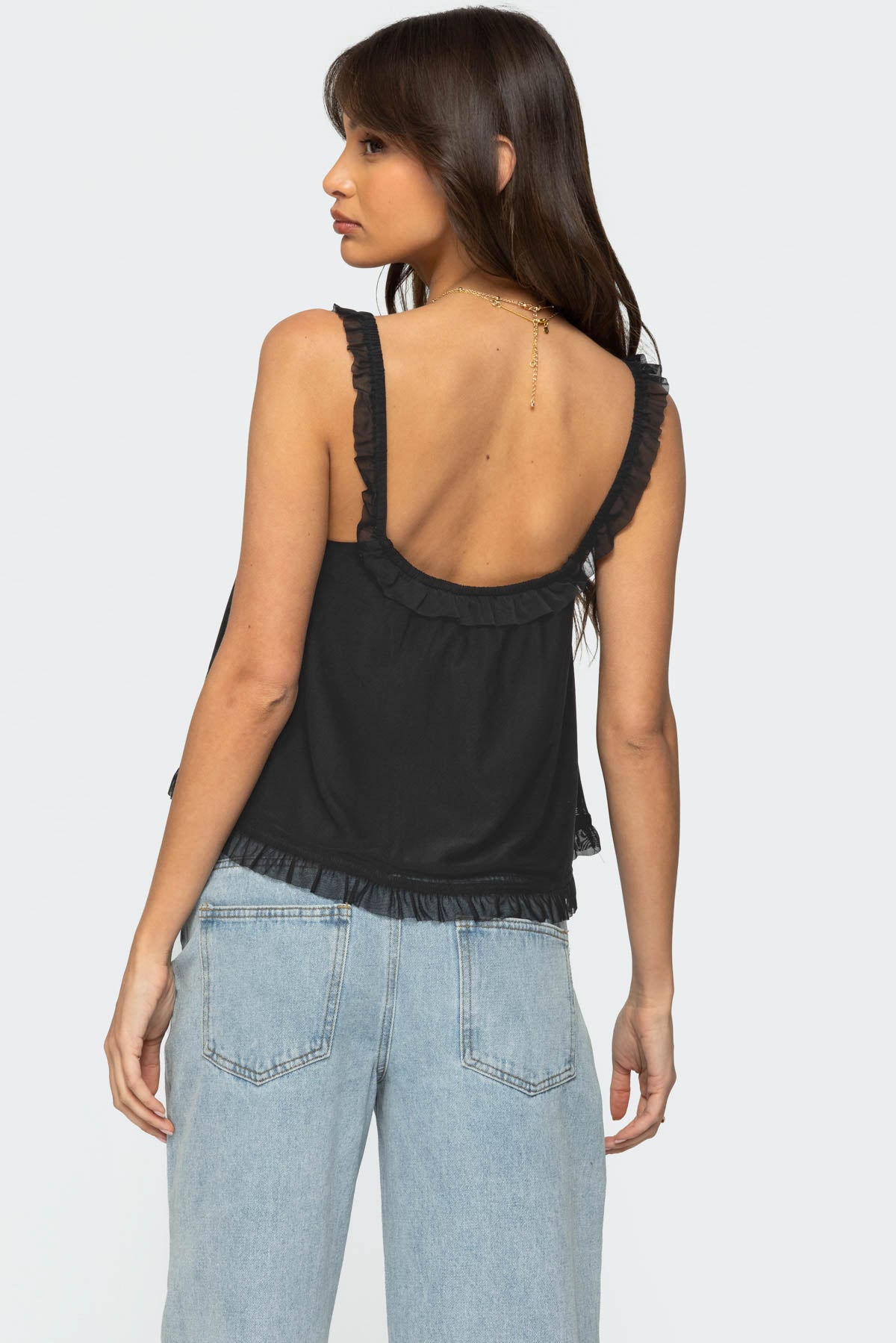 Ruffle Mesh Babydoll Tank Top
