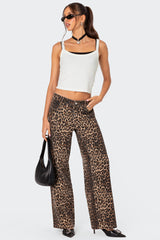 Leopard Printed Low Rise Baggy Jeans