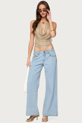 Shiny Knit Cowl Neck Backless Top