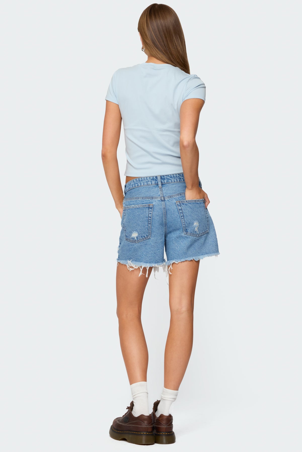 Cale Distressed Low Rise Denim Shorts