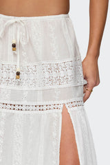 Embroidered Cotton Lace Slitted Maxi Skirt