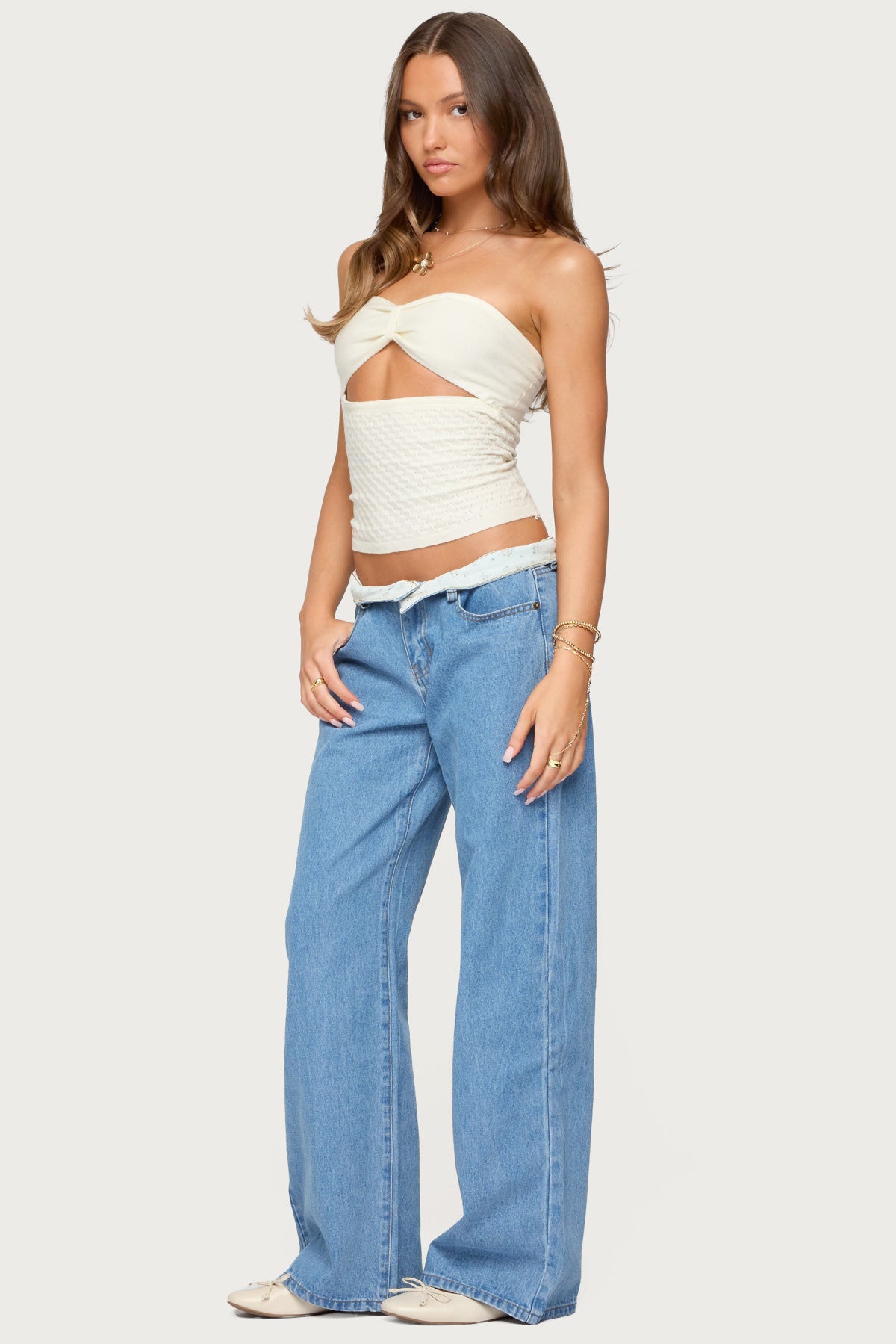 Textured Knit Strapless Cutout Top