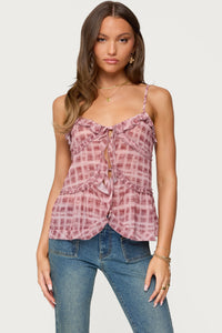 Chiffon Printed Tie Front Ruffle Top