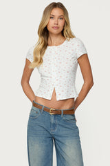 Odella Floral Ribbed Button Up Top