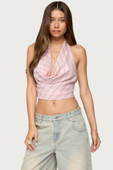 Stripey Metallic Cowl Neck Halter Top