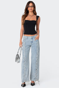 Laced Up Low Rise Baggy Jeans