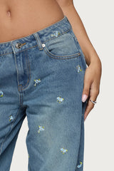 Edna Embroidered Floral Low Rise Baggy Jeans