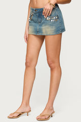 Mixed Buttons Denim Mini Skort