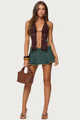 Frayed Pleated Denim Mini Skort