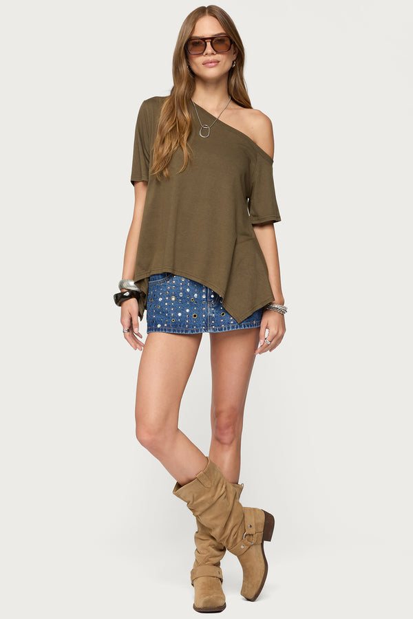 Studded Grommet Denim Mini Skort