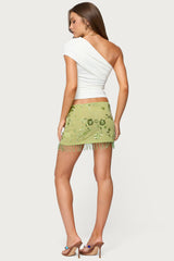 Sheer Sequin Bead Fringed Mini Skirt