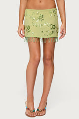 Sheer Sequin Bead Fringed Mini Skirt