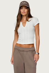 Semi Sheer Ribbed V Neck T Shirt