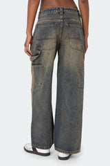 Contrast Panel Washed Mid Rise Baggy Jeans
