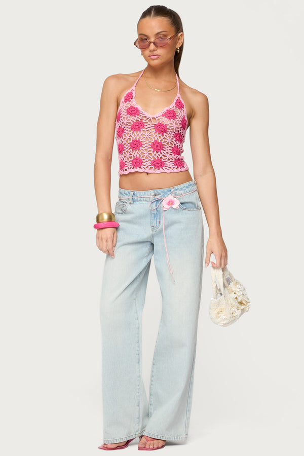 Contrast Floral Crochet Halter Top