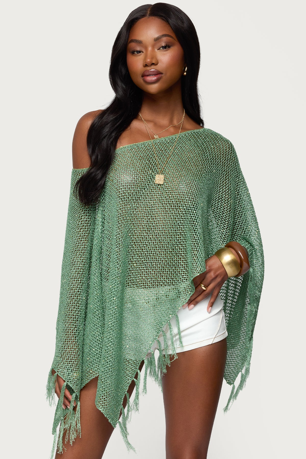 Sequin Fringe Knit Poncho