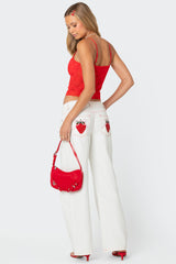 Strawberry Bow Pocket Low Rise Baggy Jeans