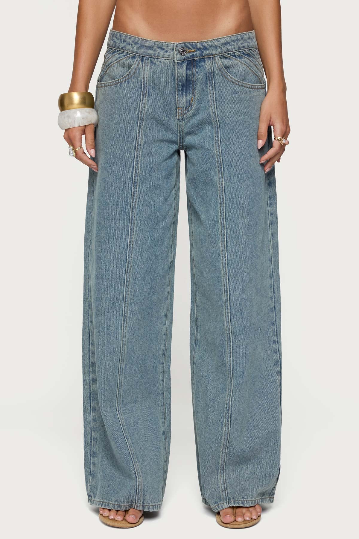 Stitch & Pleat Low Rise Baggy Jeans